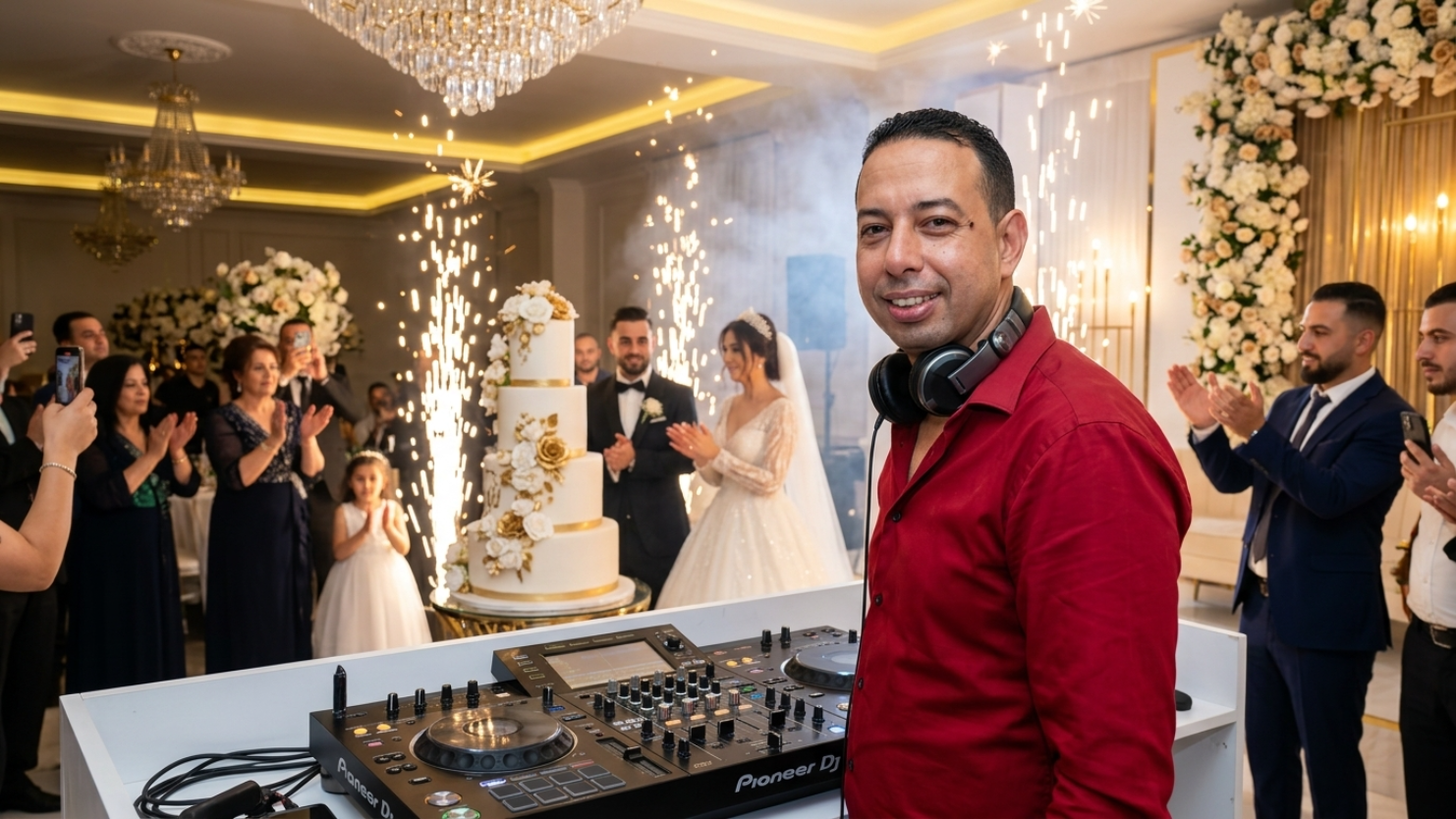 DJ Karim Franco avec feux d'artifice intérieurs près du gâteau de mariage